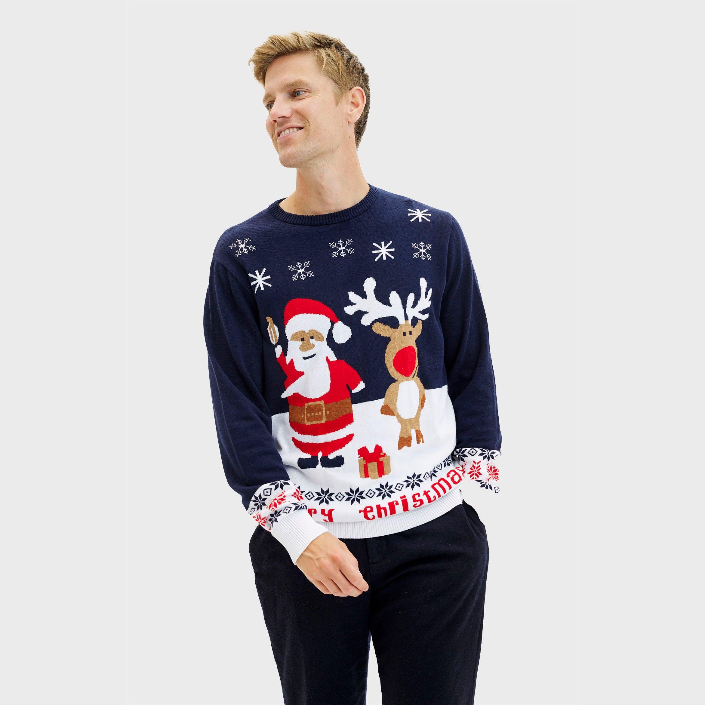 Blauer Weihnachtspullover Herren mit Santa, Rentier und Schneeflocken aus nachhaltiger Baumwolle.